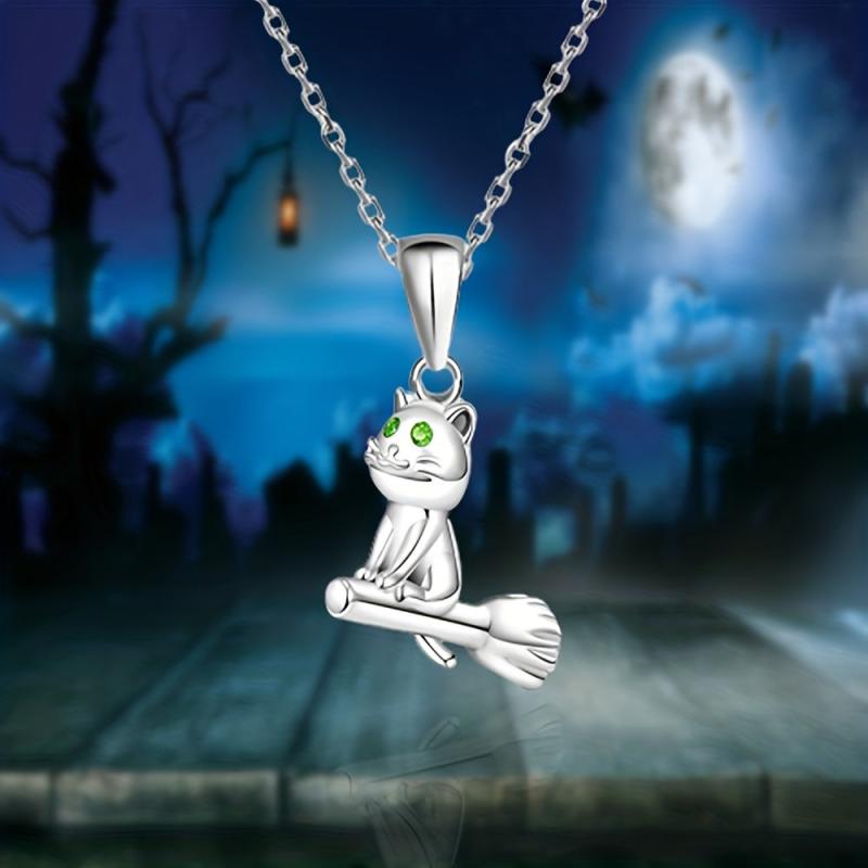 Cartoon Broomstick Cat Pendant Necklace for Women