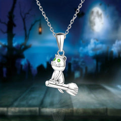 Cartoon Broomstick Cat Pendant Necklace for Women