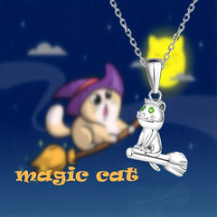 Cartoon Broomstick Cat Pendant Necklace for Women