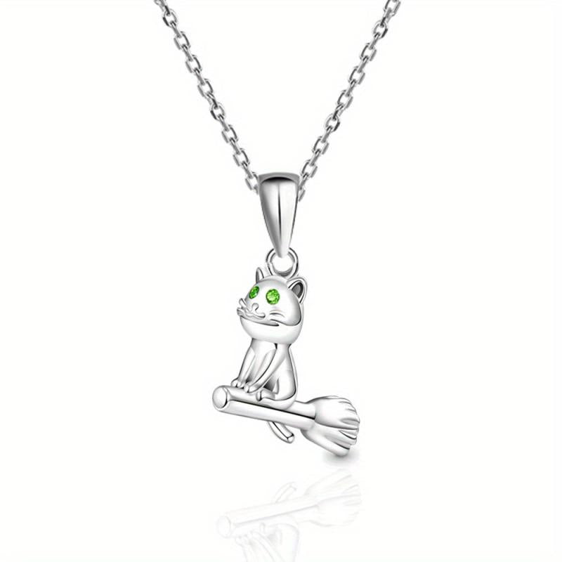 Cartoon Broomstick Cat Pendant Necklace for Women