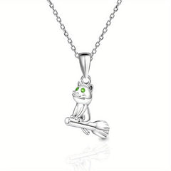 Cartoon Broomstick Cat Pendant Necklace for Women