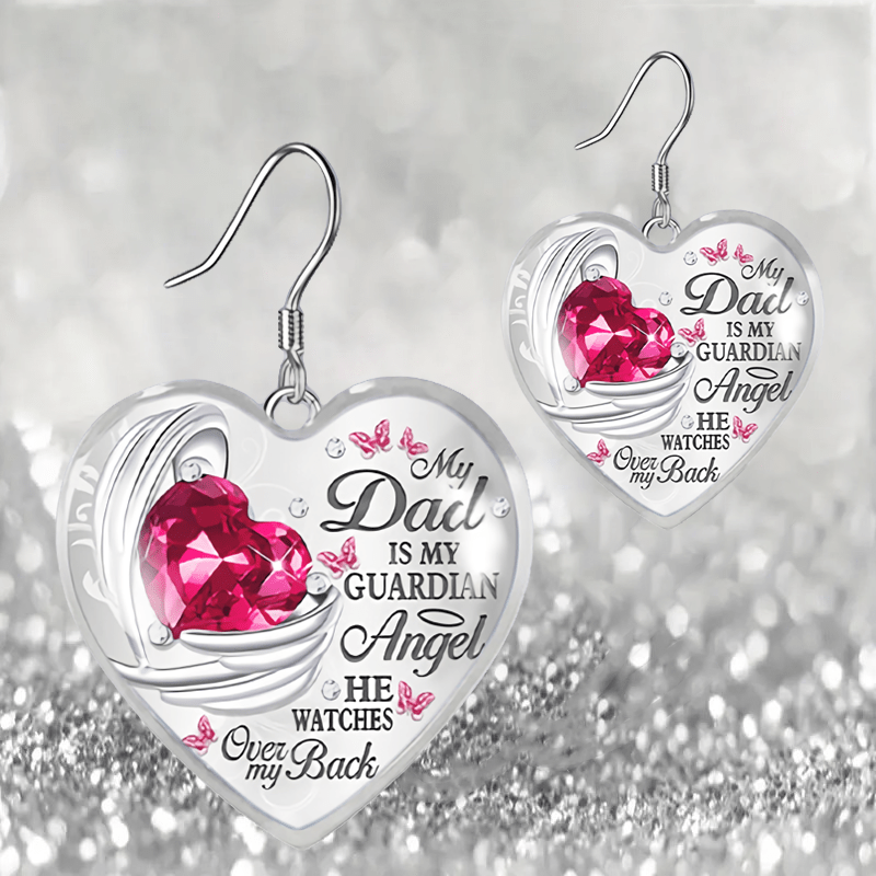 Pink Gemstones & Wing Pattern Heart Glass Pendant Necklace Earrings Set