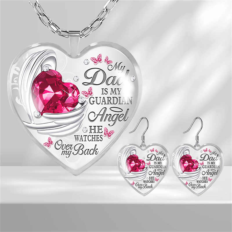 Pink Gemstones & Wing Pattern Heart Glass Pendant Necklace Earrings Set