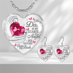 Pink Gemstones & Wing Pattern Heart Glass Pendant Necklace Earrings Set