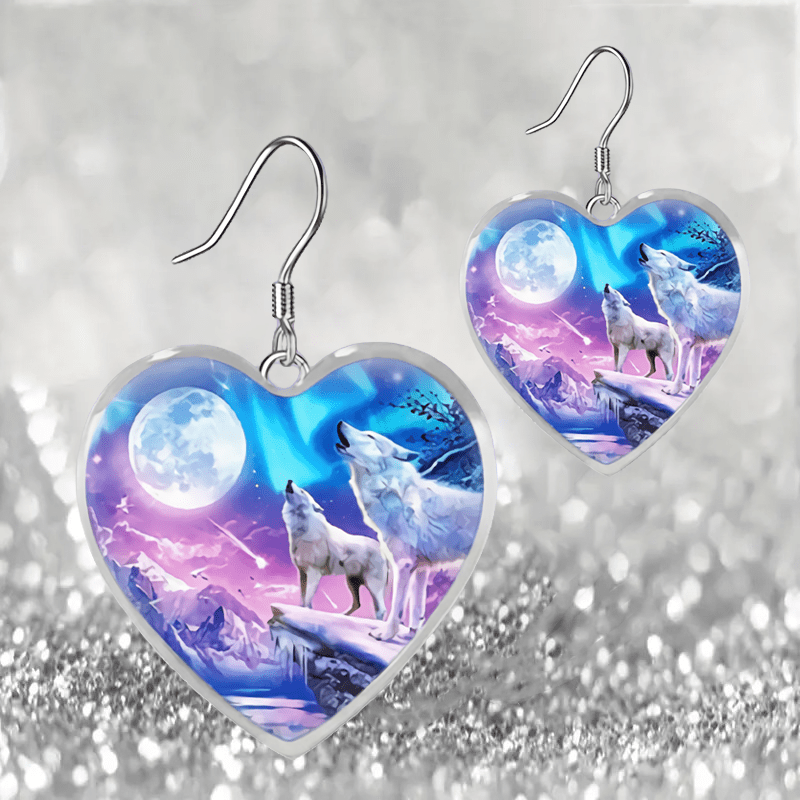 Snowy Night Wolf Pattern Glass Pendant Jewelry Set