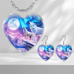 Snowy Night Wolf Pattern Glass Pendant Jewelry Set