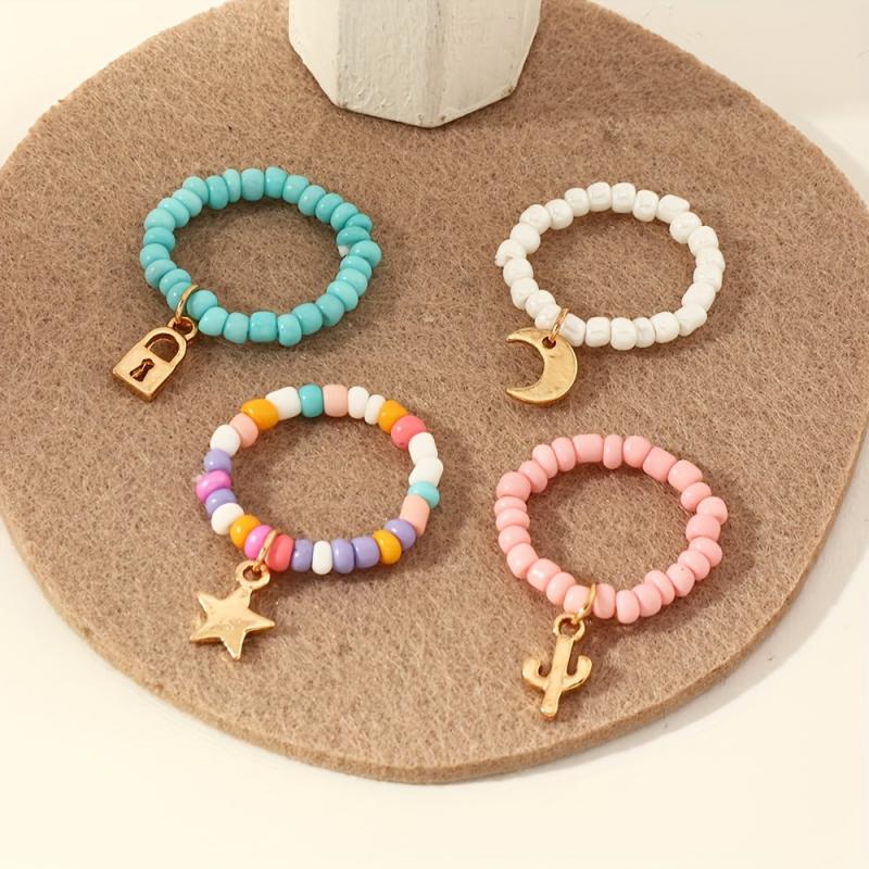 Colorful Beaded Rice Beads Adjustable Funny Ring Set