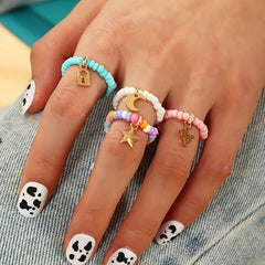 Colorful Beaded Rice Beads Adjustable Funny Ring Set
