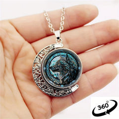 Wolf Head Crescent Moon Crystal Pendant Necklace