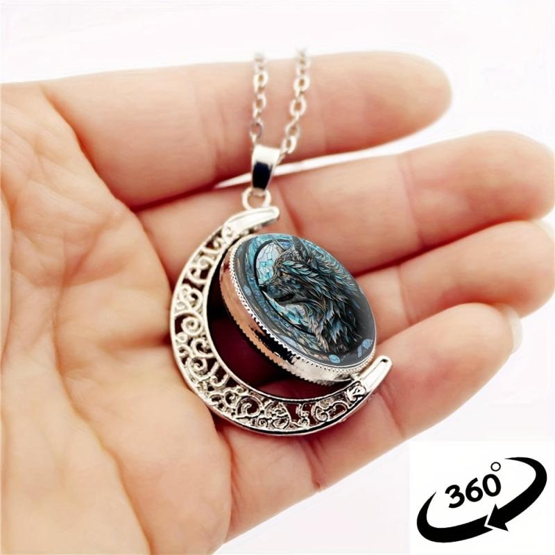 Wolf Head Crescent Moon Crystal Pendant Necklace