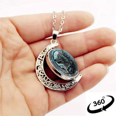 Wolf Head Crescent Moon Crystal Pendant Necklace
