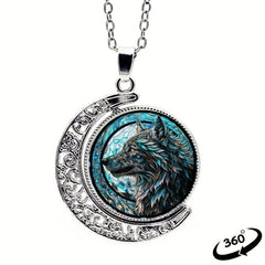 Wolf Head Crescent Moon Crystal Pendant Necklace