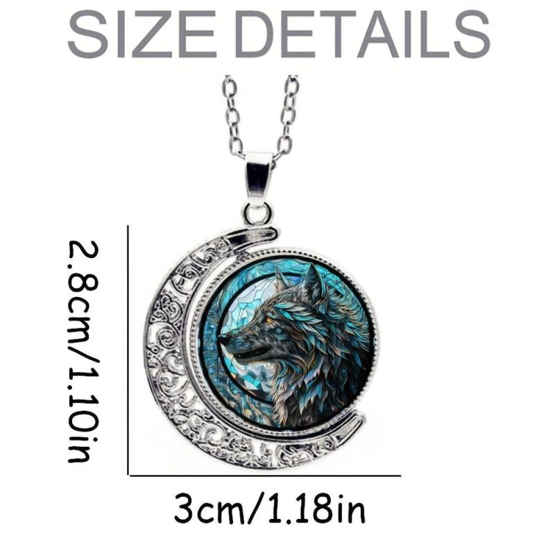 Wolf Head Crescent Moon Crystal Pendant Necklace