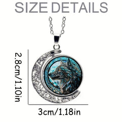 Wolf Head Crescent Moon Crystal Pendant Necklace