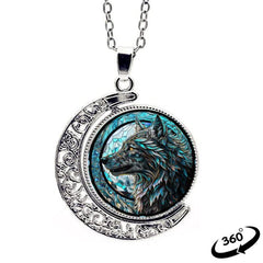 Wolf Head Crescent Moon Crystal Pendant Necklace