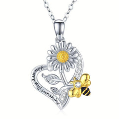 Heart Shaped Sunflower Bee Pendant Necklace for Women