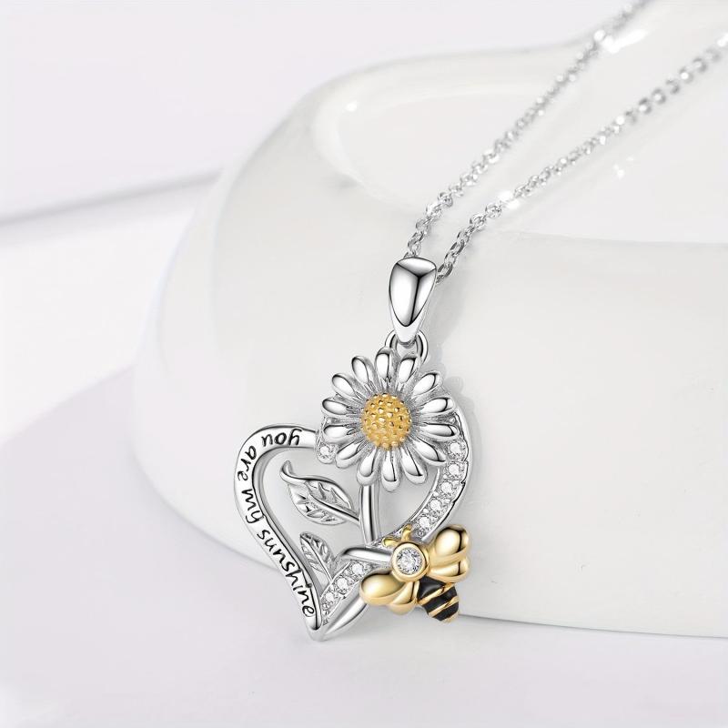 Heart Shaped Sunflower Bee Pendant Necklace for Women