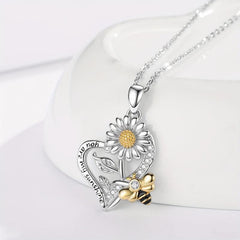 Heart Shaped Sunflower Bee Pendant Necklace for Women