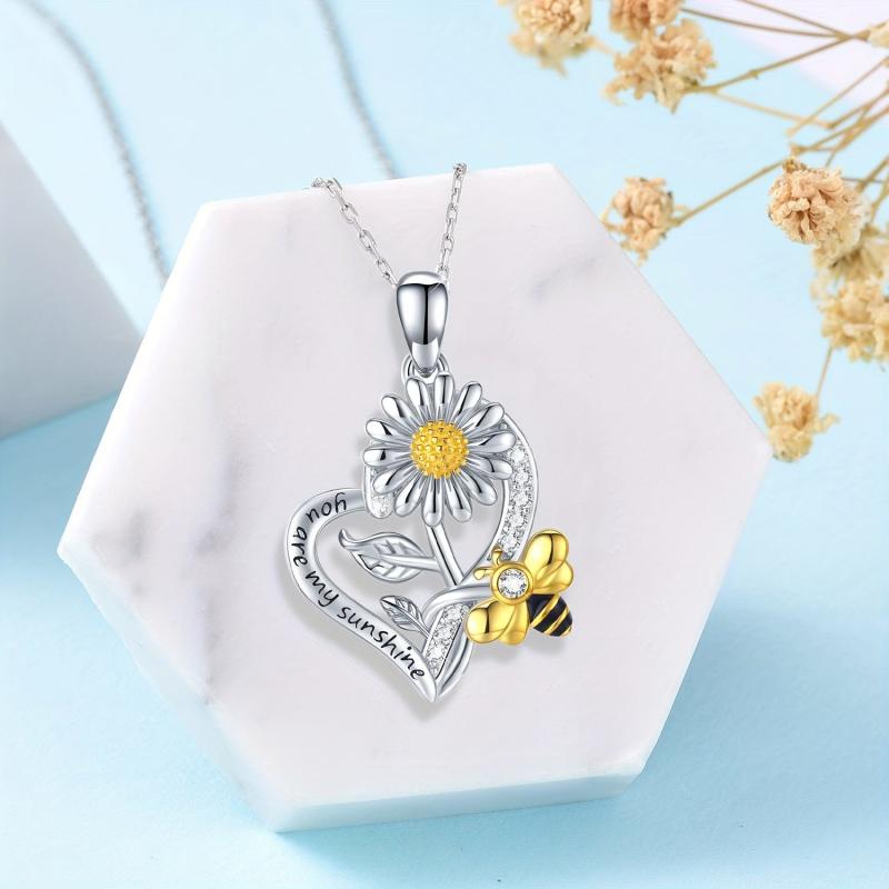 Heart Shaped Sunflower Bee Pendant Necklace for Women