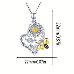 Heart Shaped Sunflower Bee Pendant Necklace for Women