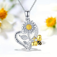 Heart Shaped Sunflower Bee Pendant Necklace for Women