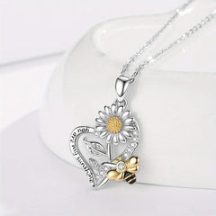 Heart Shaped Sunflower Bee Pendant Necklace for Women