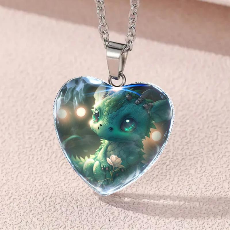 Green Dragon Animal Crystal Love Pendant Necklace Girls