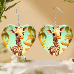 Giraffe Pattern Glass Pendant Necklace Earrings Set for Girls