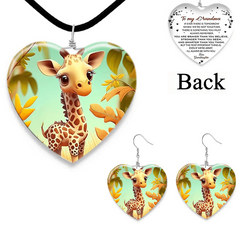 Giraffe Pattern Glass Pendant Necklace Earrings Set for Girls