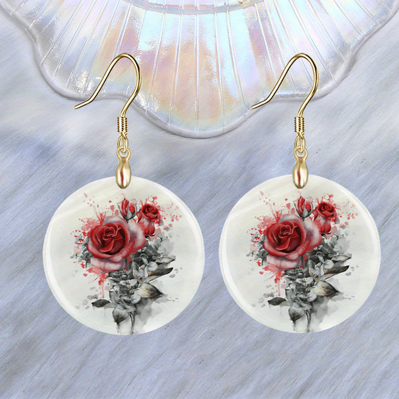 Red Rose Acrylic Pendant Earrings Retro Party Jewelry