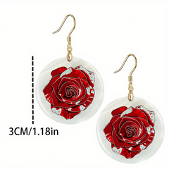 Cartoon Red Rose Round Acrylic Pendant Earrings Party Jewelry