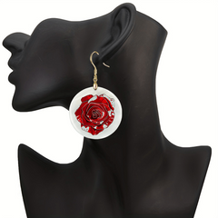 Cartoon Red Rose Round Acrylic Pendant Earrings Party Jewelry
