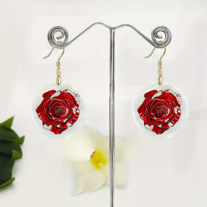 Cartoon Red Rose Round Acrylic Pendant Earrings Party Jewelry