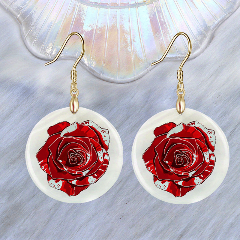 Cartoon Red Rose Round Acrylic Pendant Earrings Party Jewelry