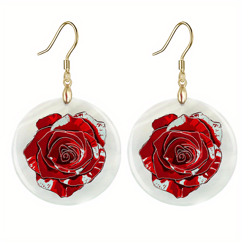 Cartoon Red Rose Round Acrylic Pendant Earrings Party Jewelry