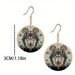 Wolf Head Round Acrylic Pendant Earrings Retro Party Jewelry
