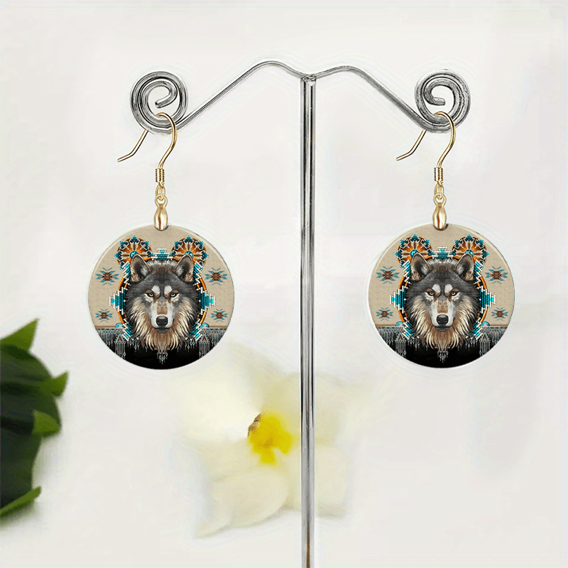 Wolf Head Round Acrylic Pendant Earrings Retro Party Jewelry