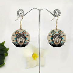 Wolf Head Round Acrylic Pendant Earrings Retro Party Jewelry