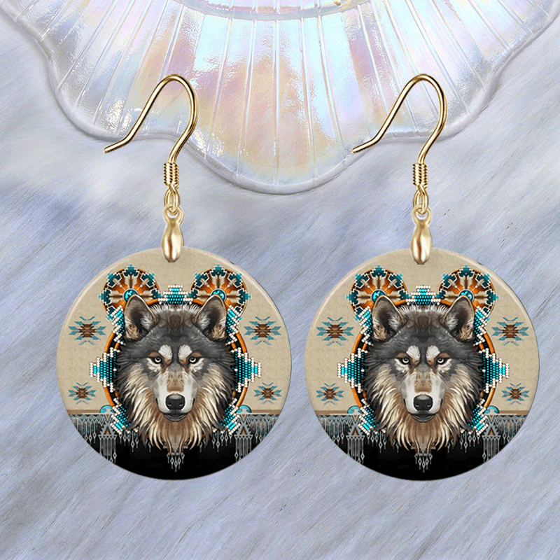 Wolf Head Round Acrylic Pendant Earrings Retro Party Jewelry
