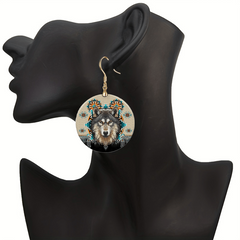 Wolf Head Round Acrylic Pendant Earrings Retro Party Jewelry