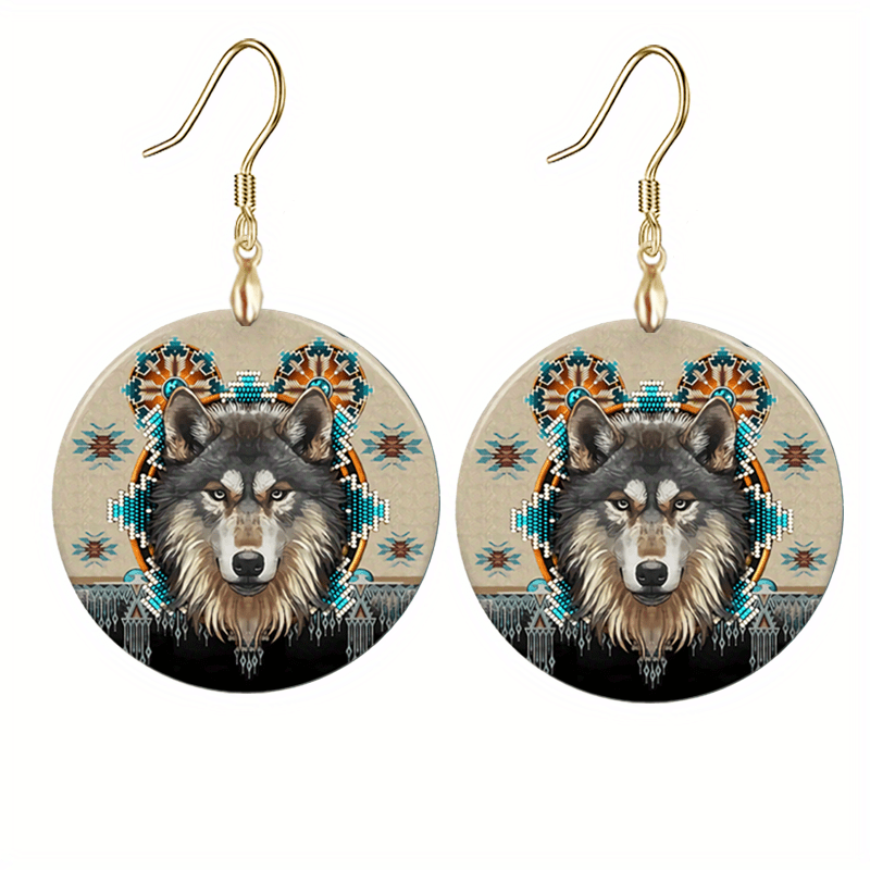Wolf Head Round Acrylic Pendant Earrings Retro Party Jewelry