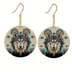 Wolf Head Round Acrylic Pendant Earrings Retro Party Jewelry