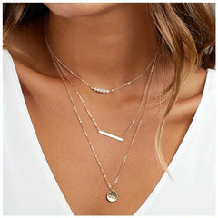 Layered Necklace with Pearl Pendant Metal Strip Stacking Pearl Necklace
