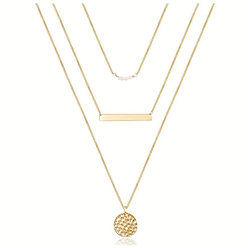 Layered Necklace with Pearl Pendant Metal Strip Stacking Pearl Necklace