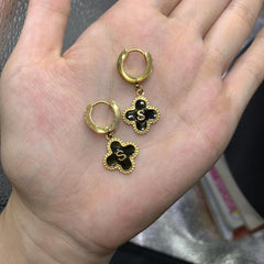 Lucky 4 Leaf Grass Earrings Letter S Stainless Steel Golden Men Women