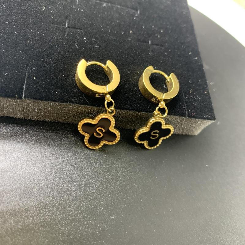 Lucky 4 Leaf Grass Earrings Letter S Stainless Steel Golden Men Women
