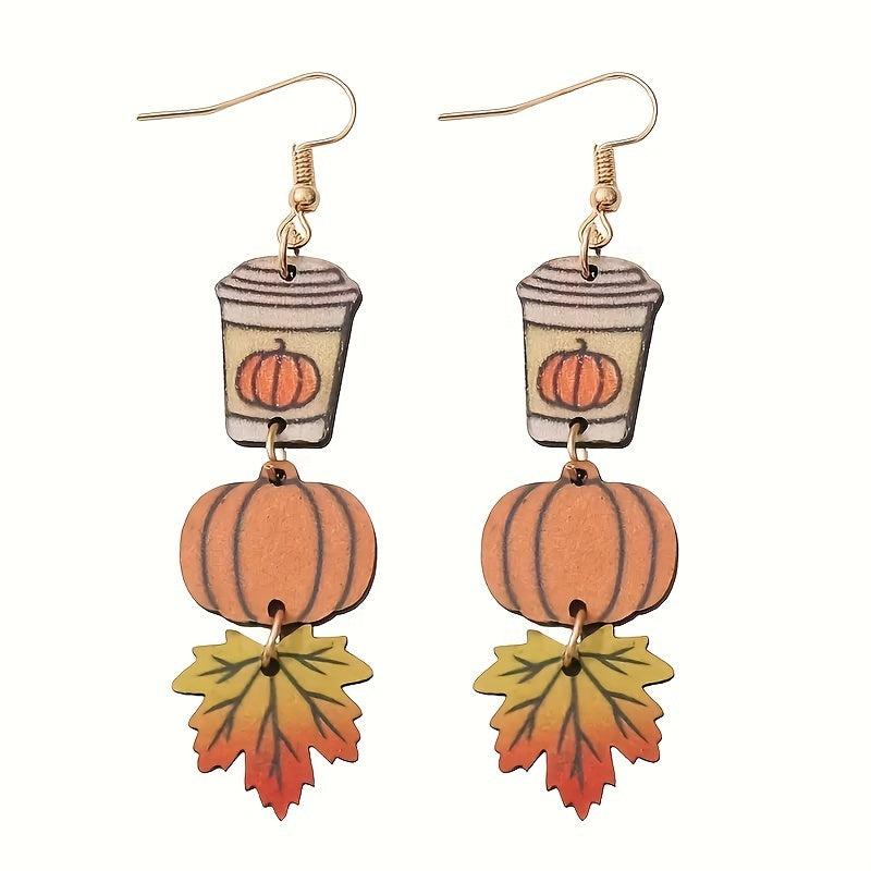 Maple Leaf Coffee Cup Pumpkin Earrings Halloween Gift