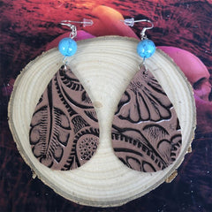 Vintage Leather Cowboy Teardrop Earrings Turquoise Spliced Horsehair