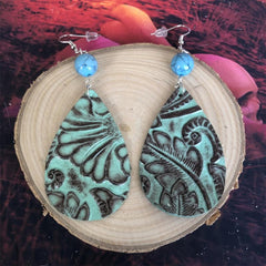 Vintage Leather Cowboy Teardrop Earrings Turquoise Spliced Horsehair