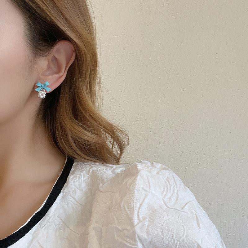 Silvery Needle Japanese And Summer Sweet Bow Earrings For Women